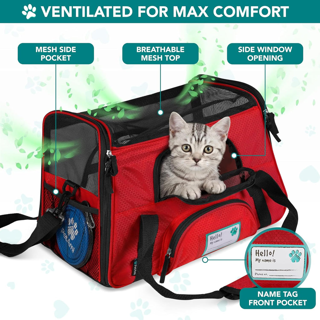 Airline Approved Pet Carrier for Cats & Small Dogs, Small, Red | Soft Sided TSA Travel Bag, Sherpa Bed, Breathable Mesh Ventilation, Collapsible Bowl, Fits under Seat, up to 18 Lbs