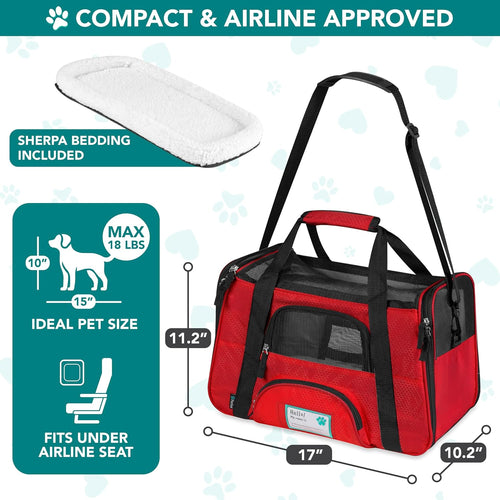 Airline Approved Pet Carrier for Cats & Small Dogs, Small, Red | Soft Sided TSA Travel Bag, Sherpa Bed, Breathable Mesh Ventilation, Collapsible Bowl, Fits under Seat, up to 18 Lbs