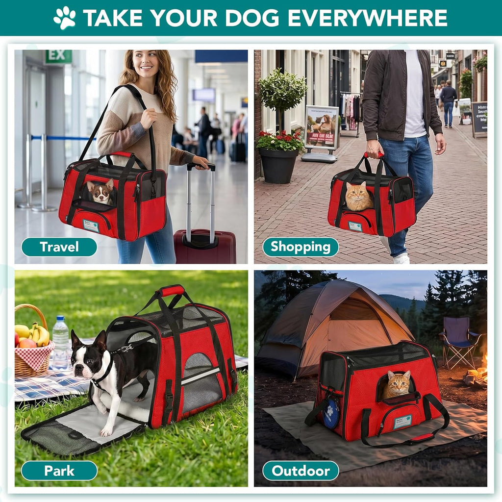 Airline Approved Pet Carrier for Cats & Small Dogs, Small, Red | Soft Sided TSA Travel Bag, Sherpa Bed, Breathable Mesh Ventilation, Collapsible Bowl, Fits under Seat, up to 18 Lbs
