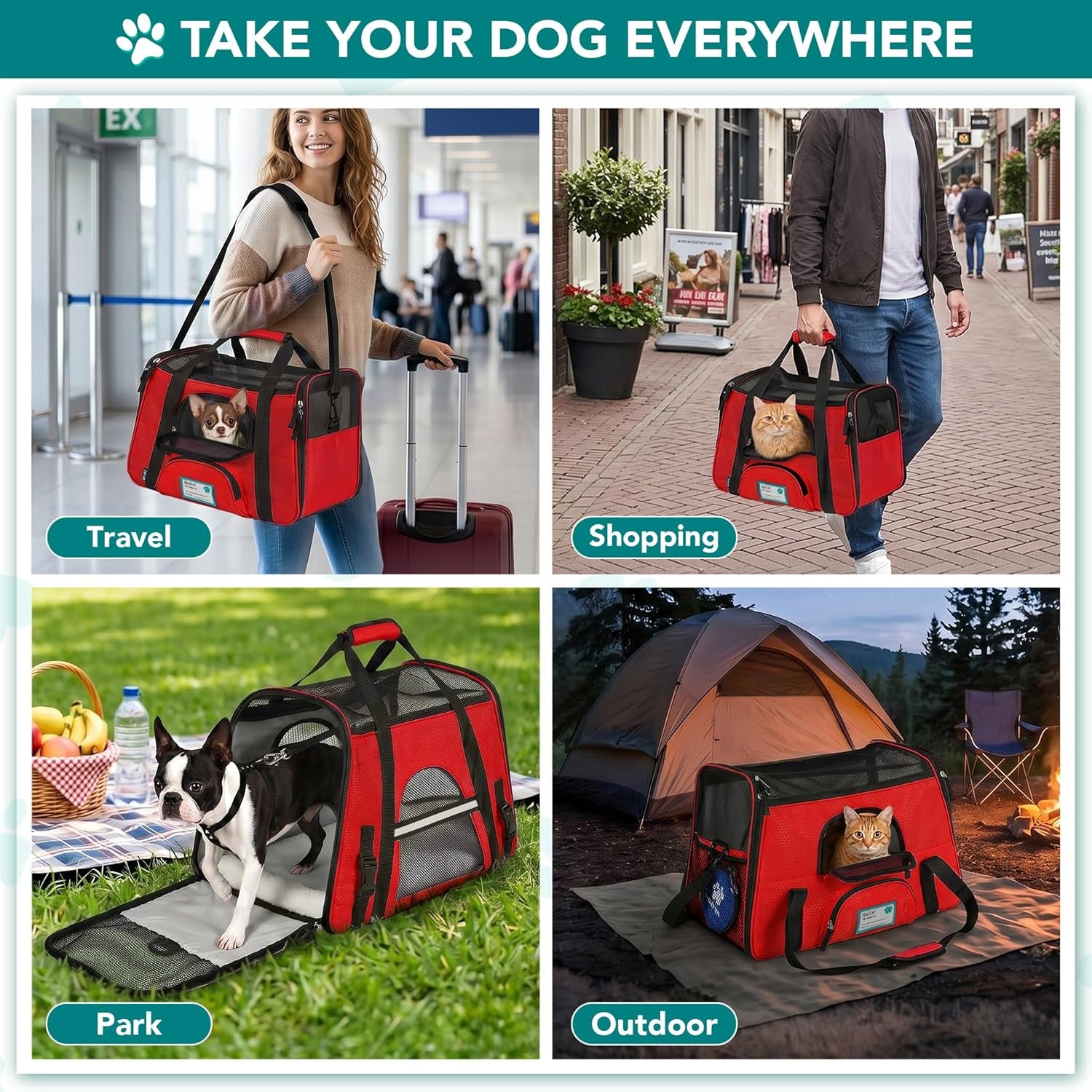 Airline Approved Pet Carrier for Cats & Small Dogs, Small, Red | Soft Sided TSA Travel Bag, Sherpa Bed, Breathable Mesh Ventilation, Collapsible Bowl, Fits under Seat, up to 18 Lbs