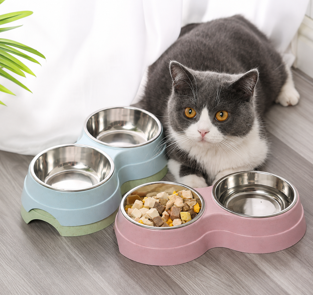 Double Pet Bowls – Stainless Steel Food & Water Feeder Set